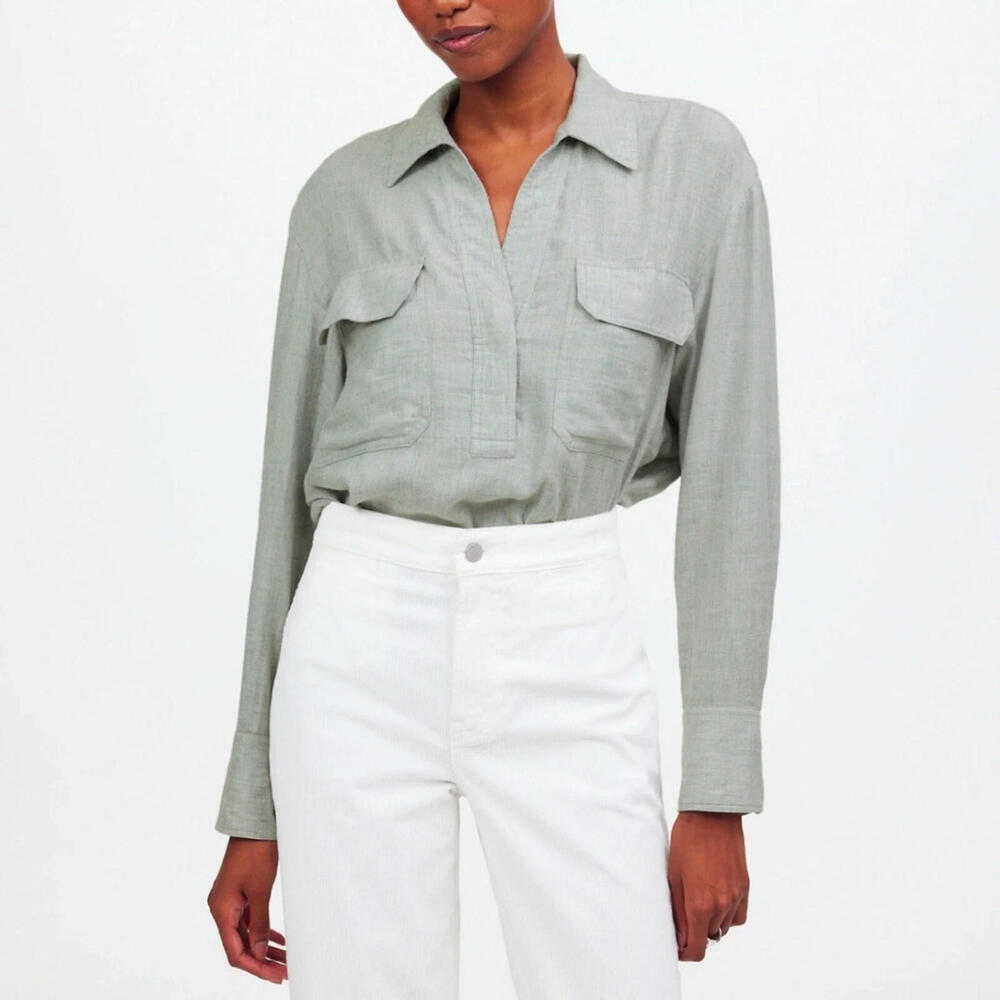 NWT Madewell V-Neck Popover Shirt In Heathered Flannel Plaid Gray Size S